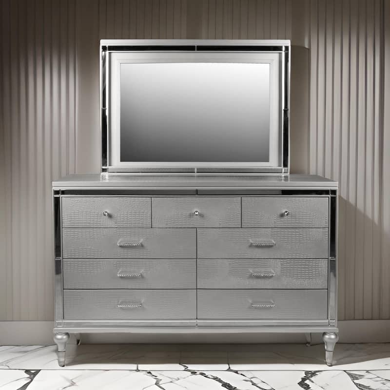 Lee 38 x 50 Dresser Mirror, Modern LED Light Trim, Hardwood Frame – Silver