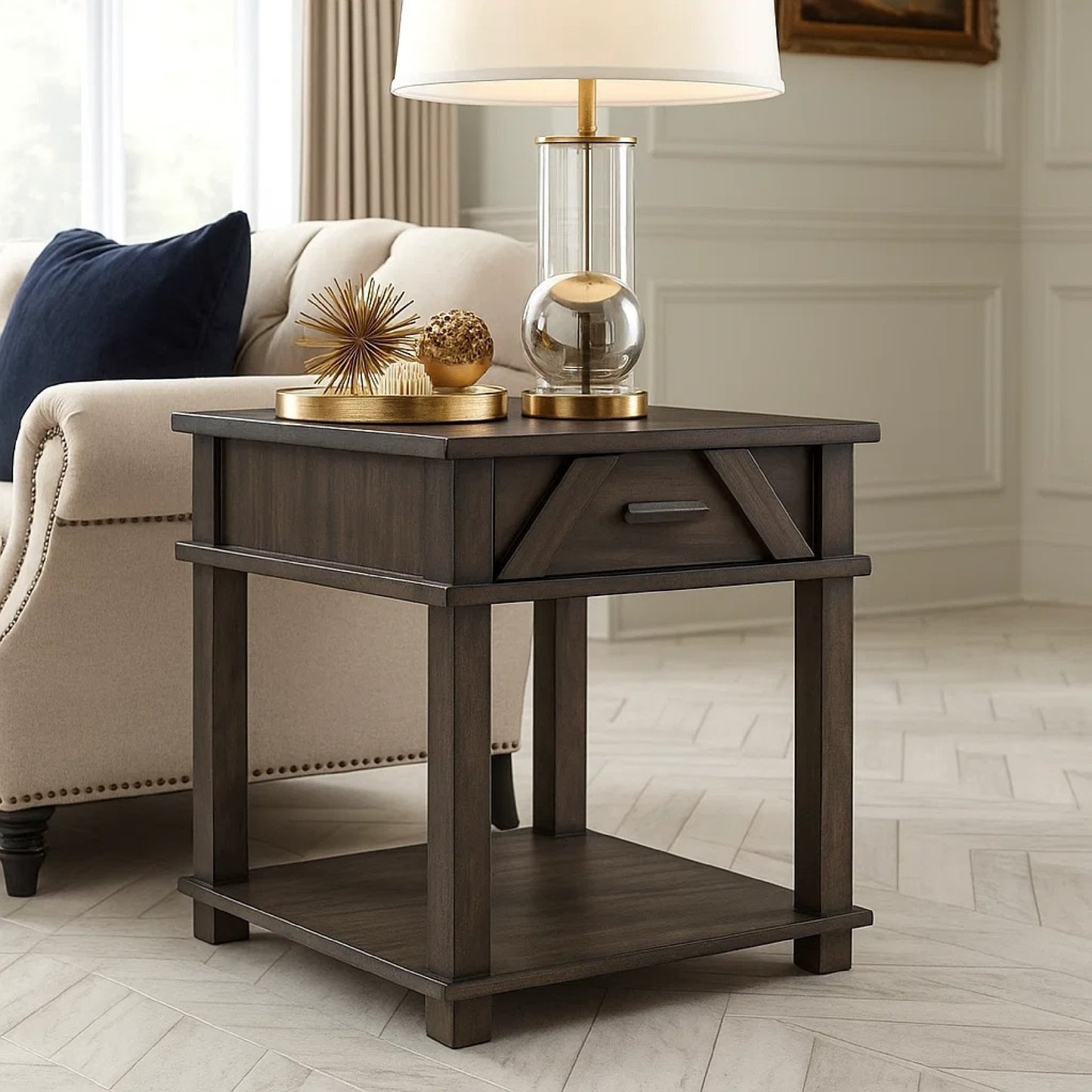 Leky Side End Table, 24 Inch, 1 Drawer with Lower Open Shelf, Brown