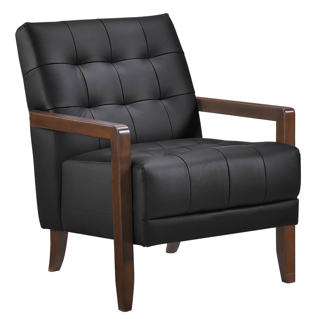 Lenie Accent Armchair, Button Tufted Leather, Walnut Brown Wood – Black