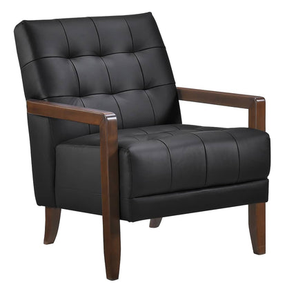 Lenie Accent Armchair, Button Tufted Leather, Walnut Brown Wood – Black