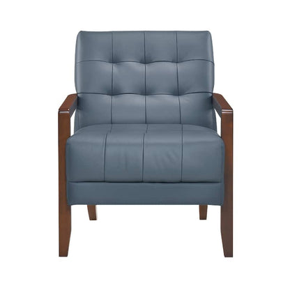 Lenie Accent Armchair, Button Tufted Blue Leather, Walnut Brown Wood