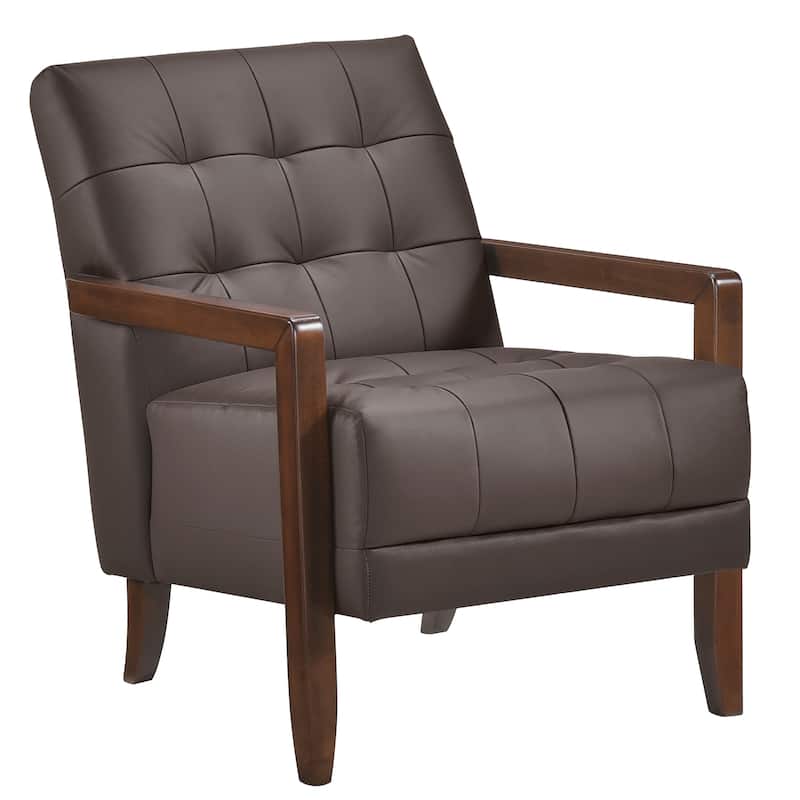 Lenie Accent Armchair, Button Tufted Dark Gray Leather, Brown Wood