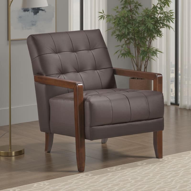 Lenie Accent Armchair, Button Tufted Dark Brown Leather, Wood Frame
