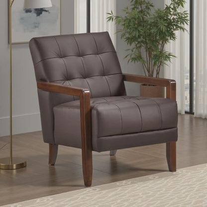 Lenie Accent Armchair, Button Tufted Dark Brown Leather, Wood Frame
