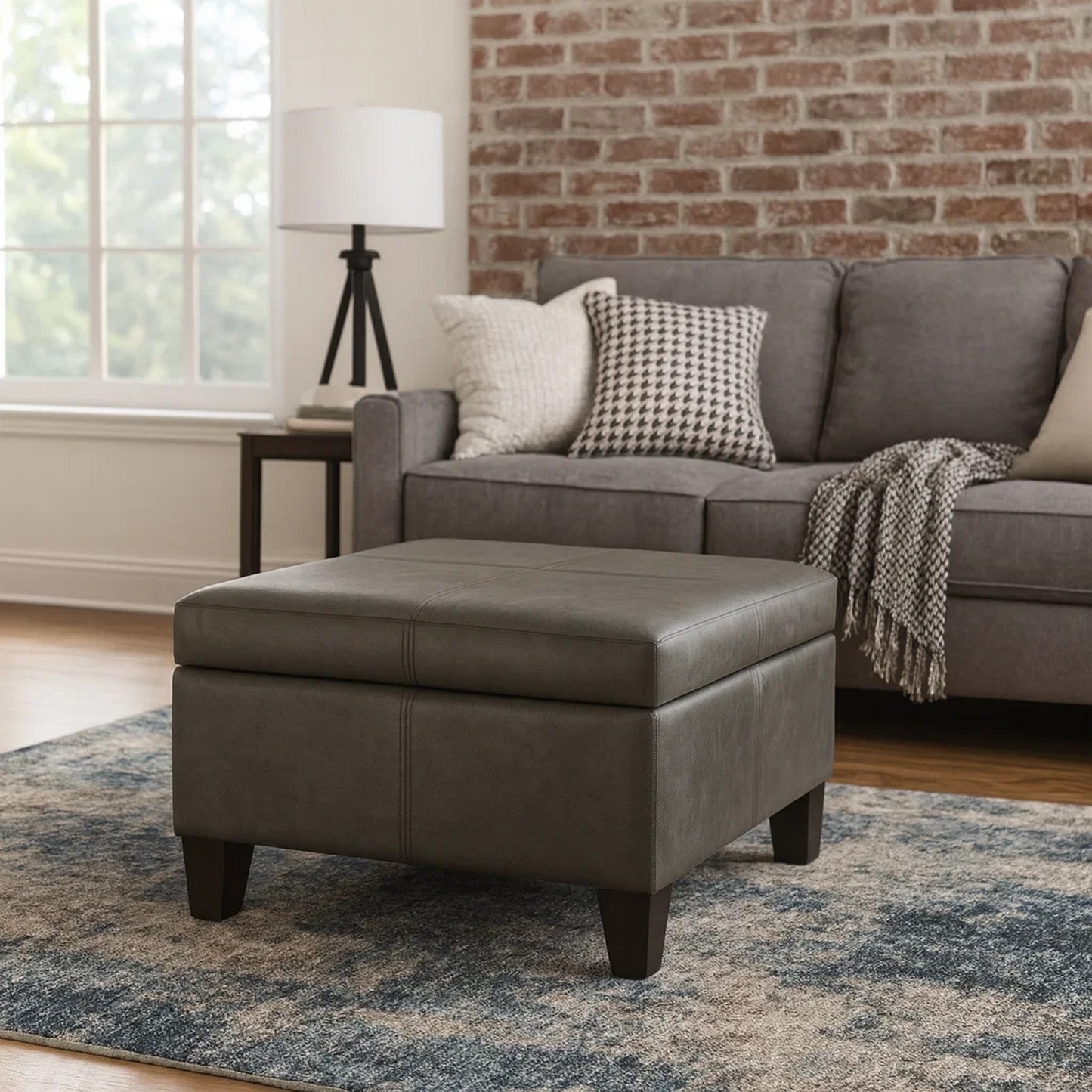 Leo Square Storage Ottoman with Plush Gray Faux Leather, 28 Inch