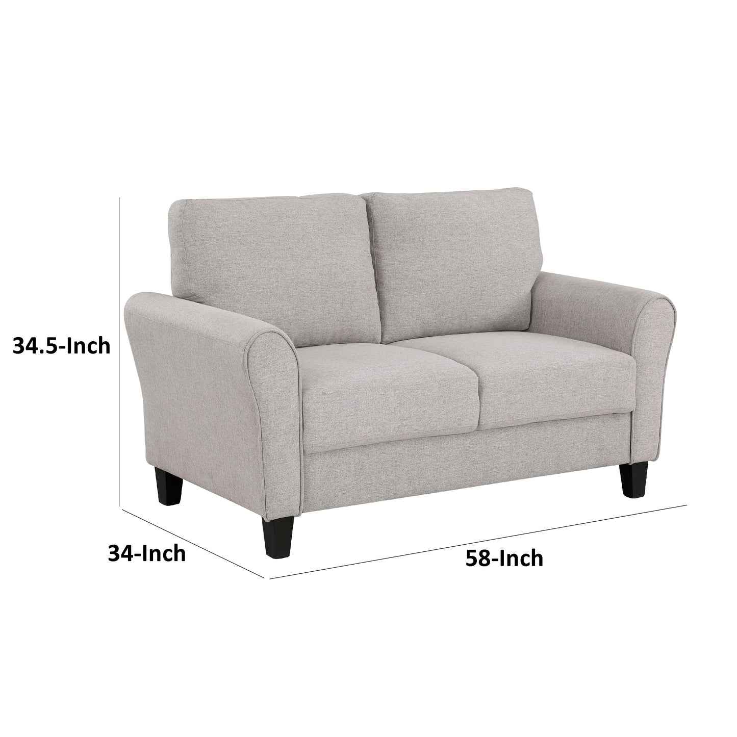 Leroi Loveseat, 58 Inch, Gray Fabric and Round Flared Armrests