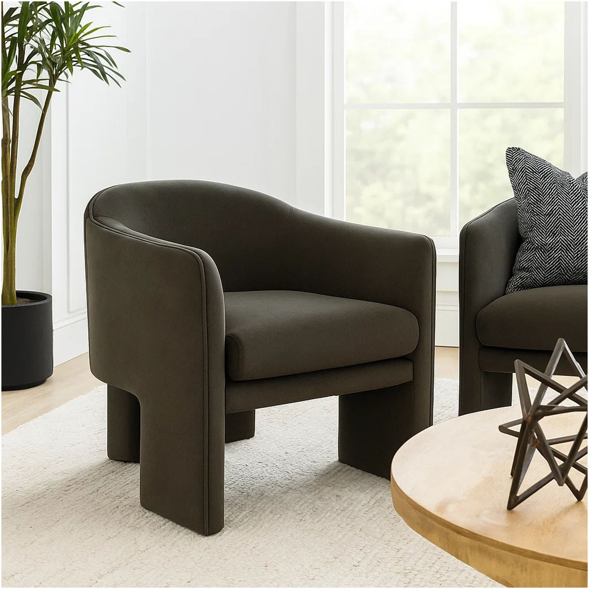 Lery Accent Chair, Green Winter Moss Performance Velvet, Curved Design