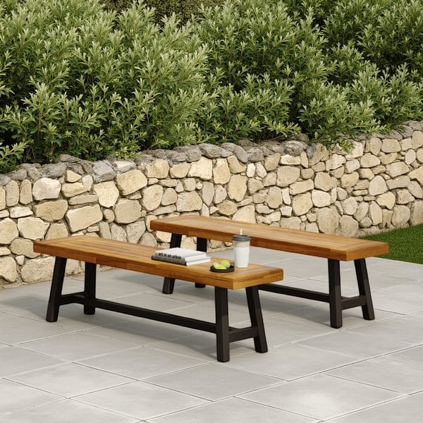 Leslee Outdoor Bench Set of 2, Light Brown Wood, Black Metal, 63 Inch