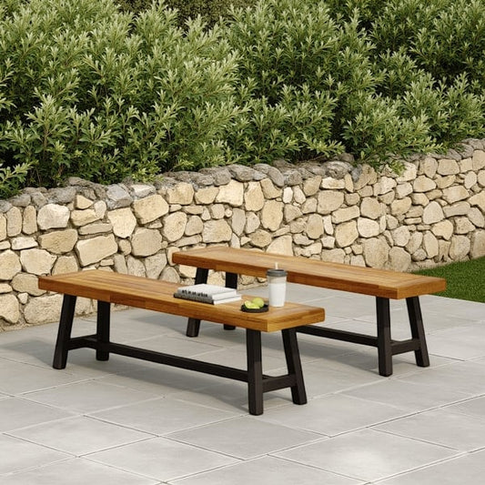 Leslee Outdoor Bench Set of 2, Light Brown Wood, Black Metal, 63 Inch