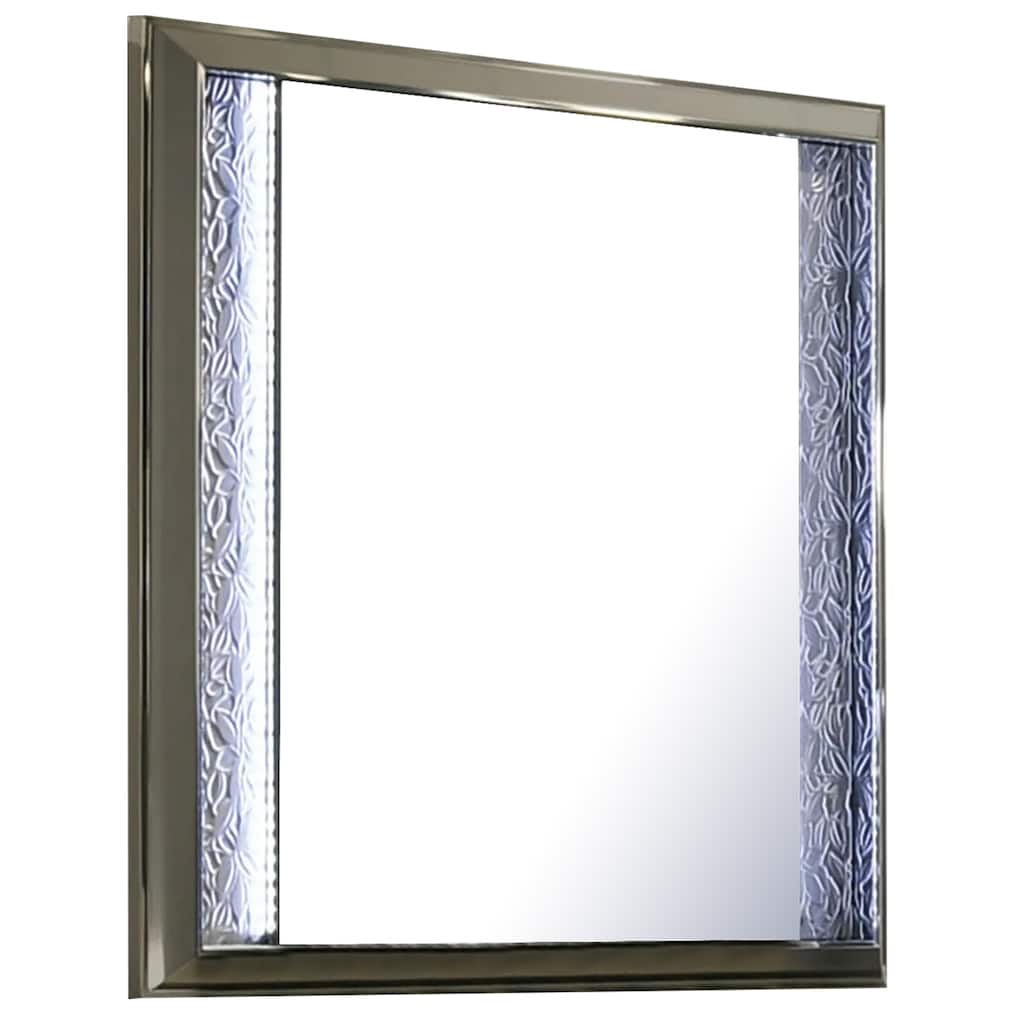 Levi Dresser Mirror, 38 Inch, Leaf Pattern Molding w LED, Dark Gray Wood
