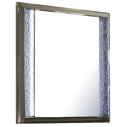 Levi Dresser Mirror, 38 Inch, Leaf Pattern Molding w LED, Dark Gray Wood