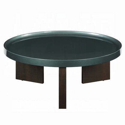 Lexy Coffee Table, 35 Inch Round Top, Low Profile High Gloss Blackish Green
