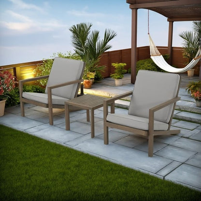 Liah Outdoor Patio Table Set, 2 Chair, Brown Acacia Wood, Gray Polyester