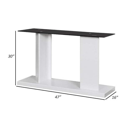 Liam 47 Inch Sofa Console Table, Brown Wood, Pedestal Base, Black Glass Top
