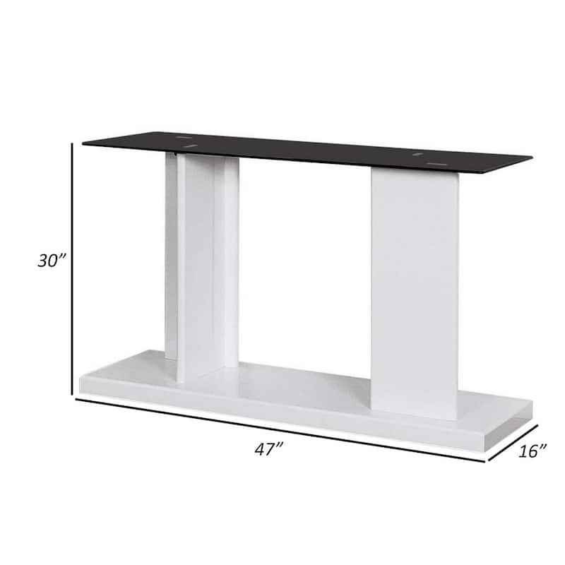 Liam 47 Inch Sofa Console Table, Brown Wood, Pedestal Base, Black Glass Top