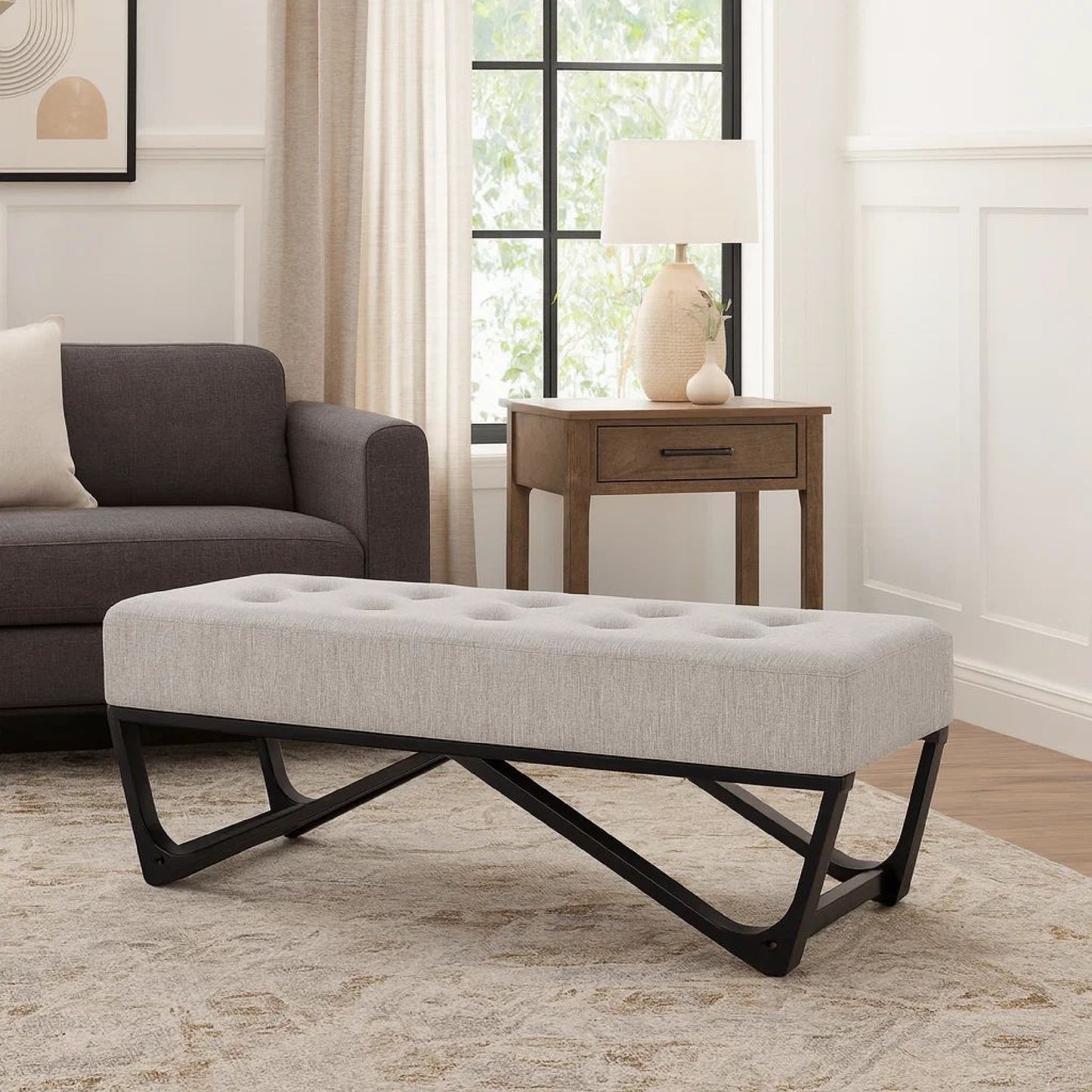 Liba Ottoman Bench, Button Tufted Beige Fabric, Black Frame, 47 Inch