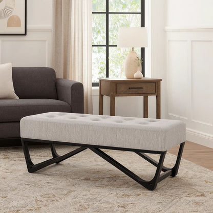 Liba Ottoman Bench, Button Tufted Beige Fabric, Black Frame, 47 Inch