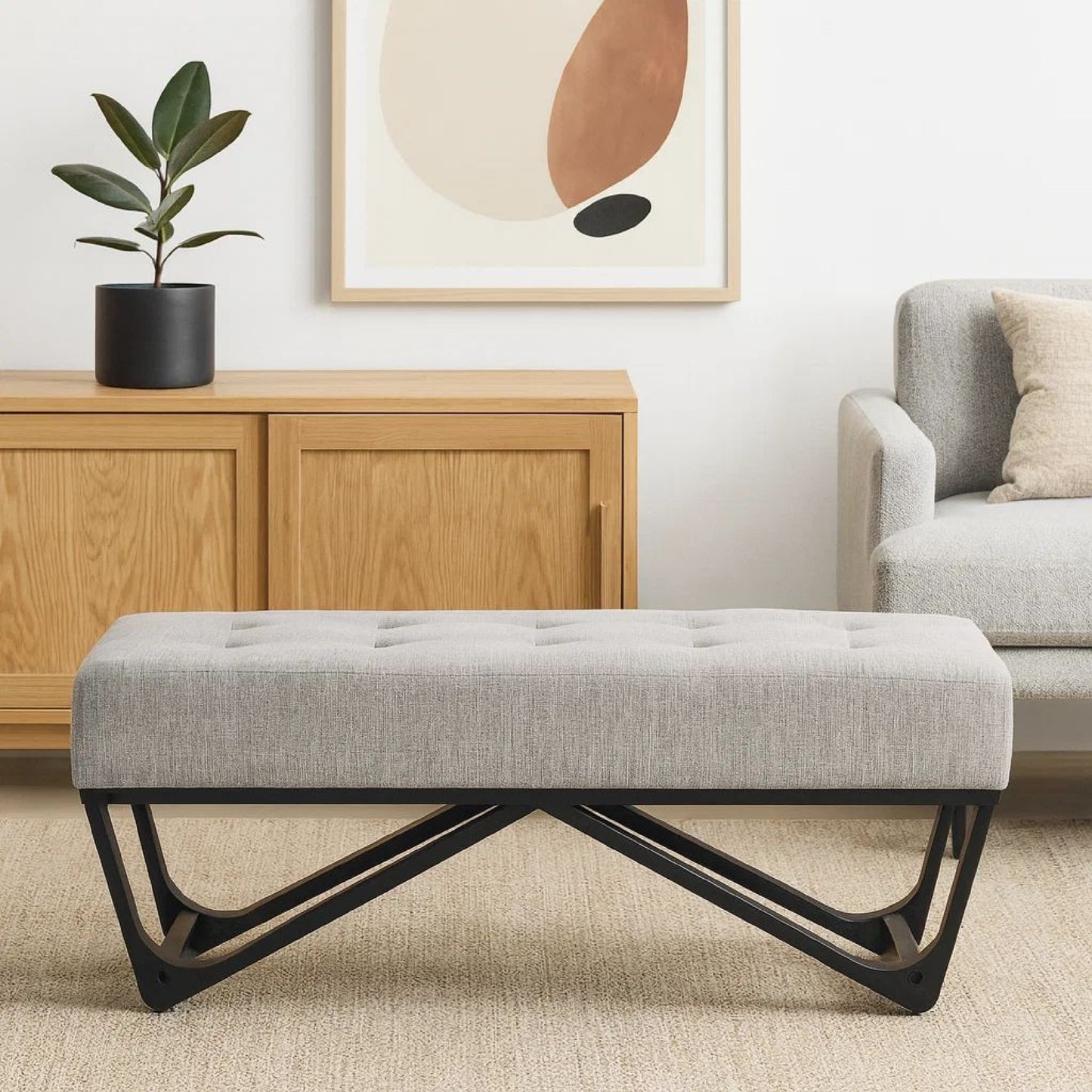 Liba Ottoman Bench, Button Tufted Beige Fabric, Black Frame, 47 Inch