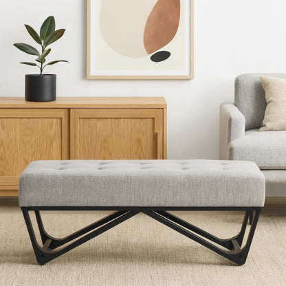 Liba Ottoman Bench, Button Tufted Beige Fabric, Black Frame, 47 Inch