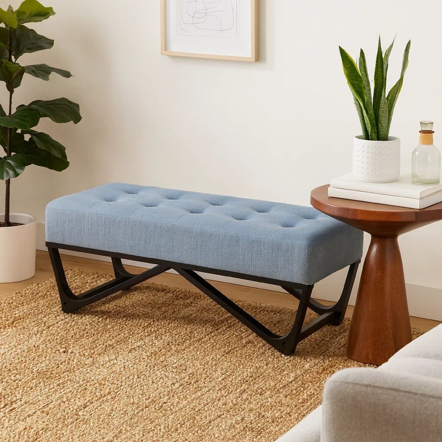 Liba Ottoman Bench, Button Tufted Light Blue Fabric, Black, 47 Inch