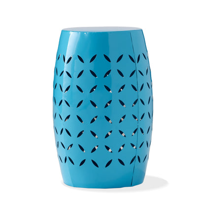 Lica Patio Side End Table, Barrel Shaped Lace Cut, 12 Inch Blue Iron