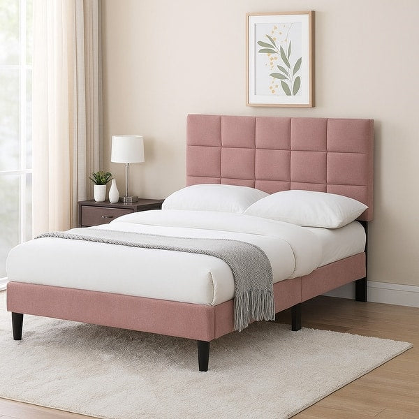 Lilian Full Bed, Tufted Gray Linen Upholstery, Biscuit Tufted Stitch
