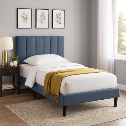 Lilian Twin Bed, Soft Biscuit Tufted Charcoal Gray Linen Upholstery