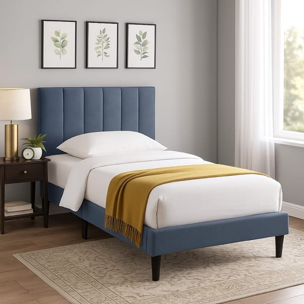 Lilian Twin Bed, Soft Channel Tufted Charcoal Gray Linen Upholstery