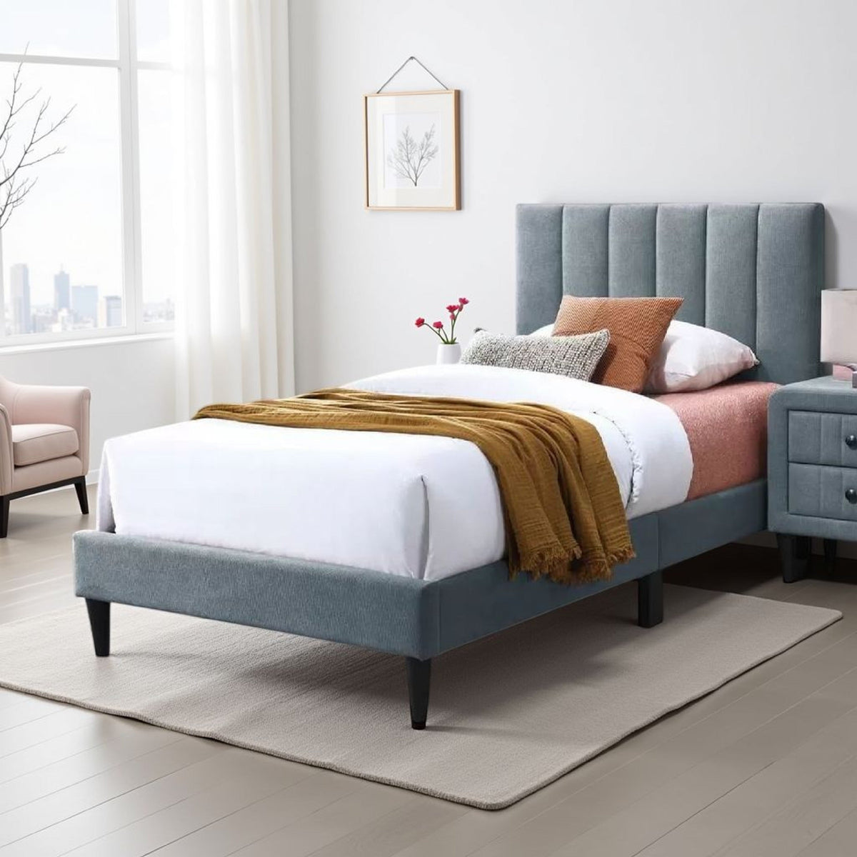 Lilian Bed, Soft Channel Tufted Light Gray Linen Upholstery – Twin