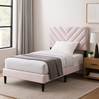 Lilian Twin Bed, Tufted Light Pink Velvet Upholstery, Diamond Stitch