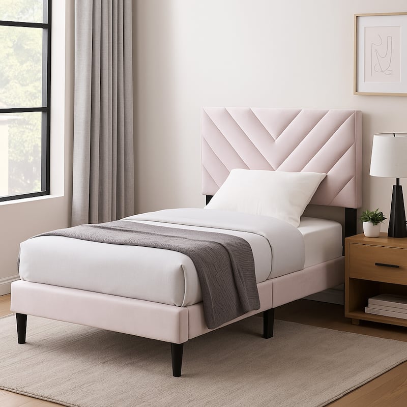 Lilian Twin Bed, Tufted Light Pink Velvet Upholstery, Diamond Stitch