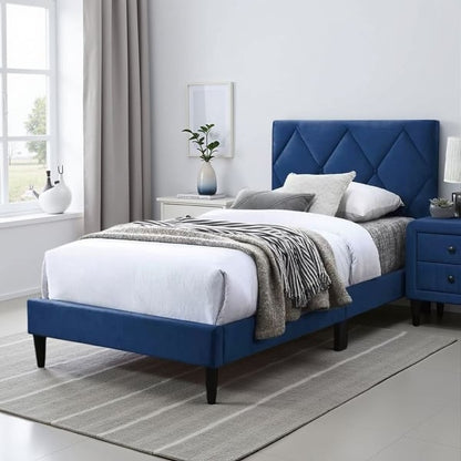 Lilian Twin Bed, Tufted Navy Blue Velvet Upholstery, Diamond Stitch