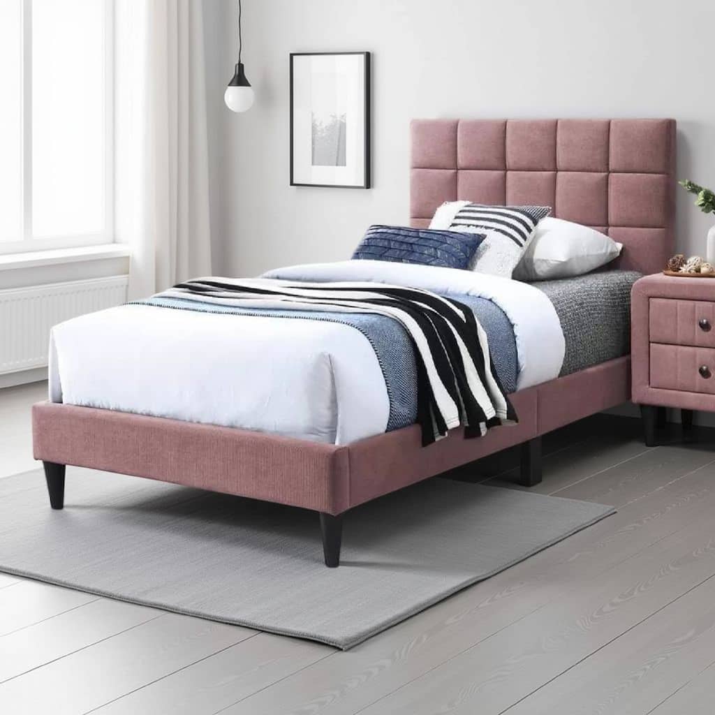 Lilian Twin Bed, Tufted Gray Linen Upholstery, Biscuit Tufted Stitch