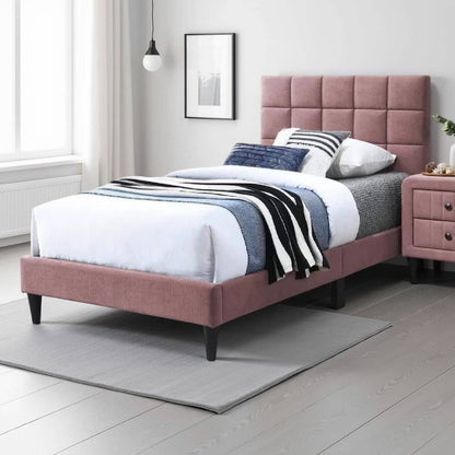 Lilian Twin Bed, Tufted Gray Linen Upholstery, Biscuit Tufted Stitch