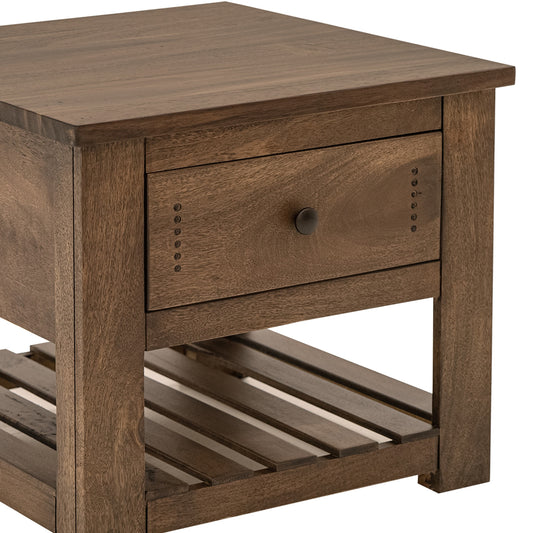 Linaa Side End Table, 1 Drawer, 1 Shelf, Barrel Brown Wood, 27 Inch