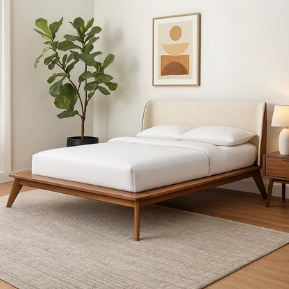 Linzy King Size Bed w Beige Boucle Winged Headboard, Walnut Brown