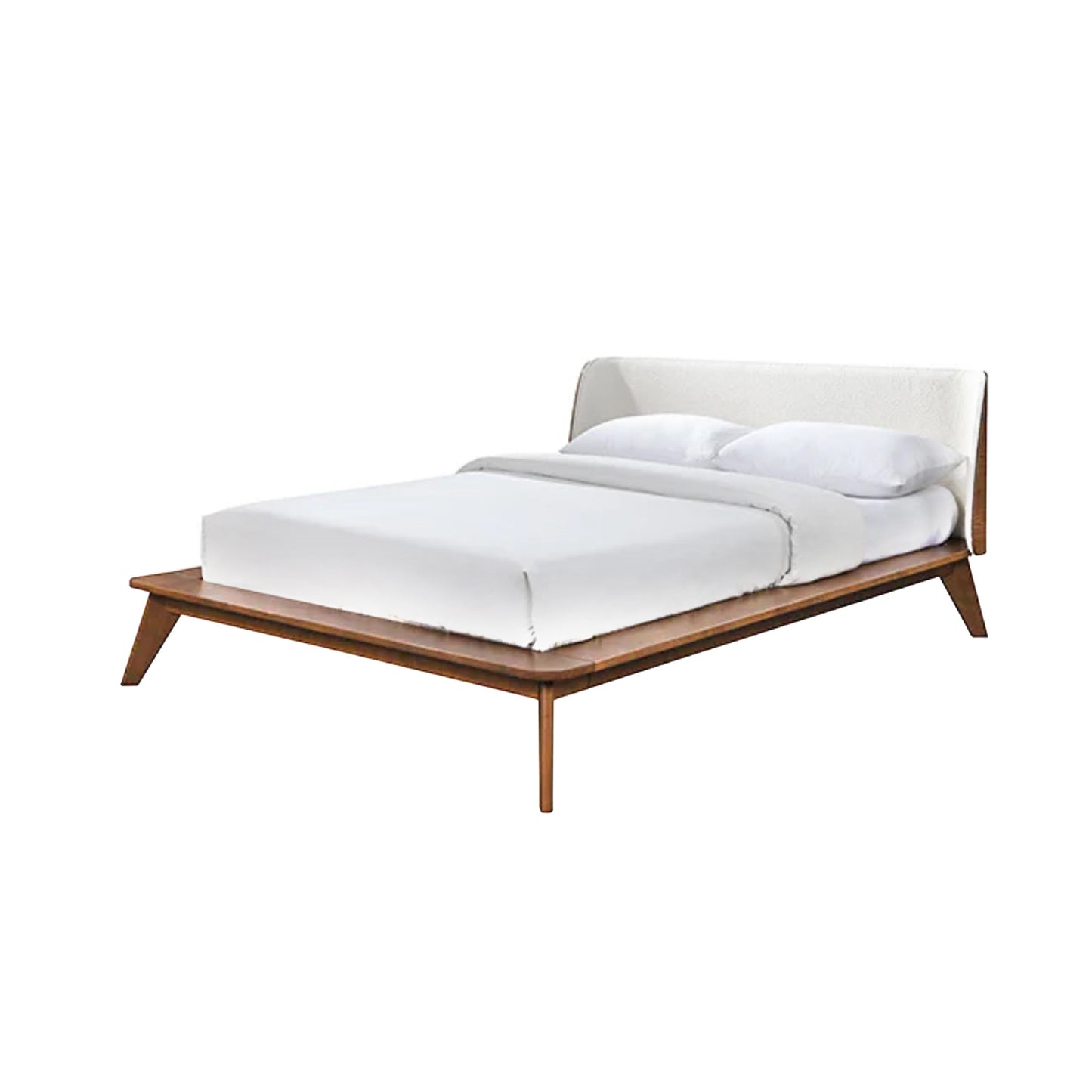 Linzy Full Size Bed w Beige Boucle Winged Headboard, Walnut Brown