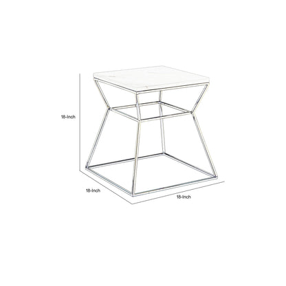 Lio 18 Inch Side End Table, Black Marble Top, Gold Open Hourglass Frame