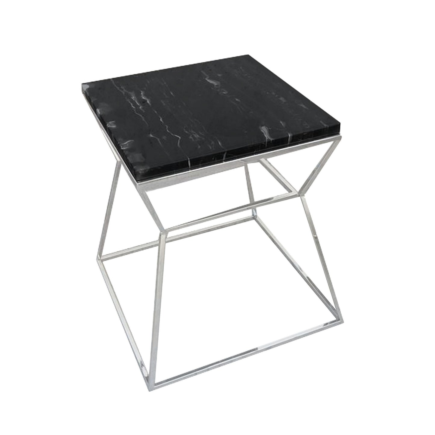 Lio 18 Inch Side End Table, Black Glass Top, Silver Open Hourglass Frame