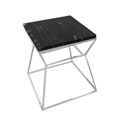 Lio 18 Inch Side End Table, Black Glass Top, Silver Open Hourglass Frame