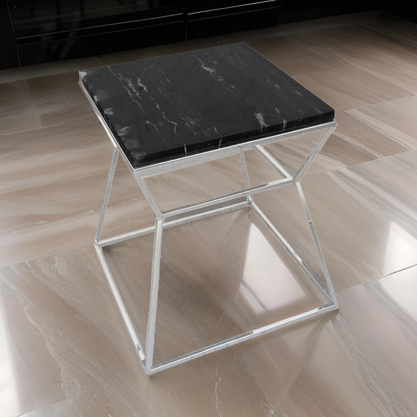 Lio 18 Inch Side End Table, Black Glass Top, Silver Open Hourglass Frame