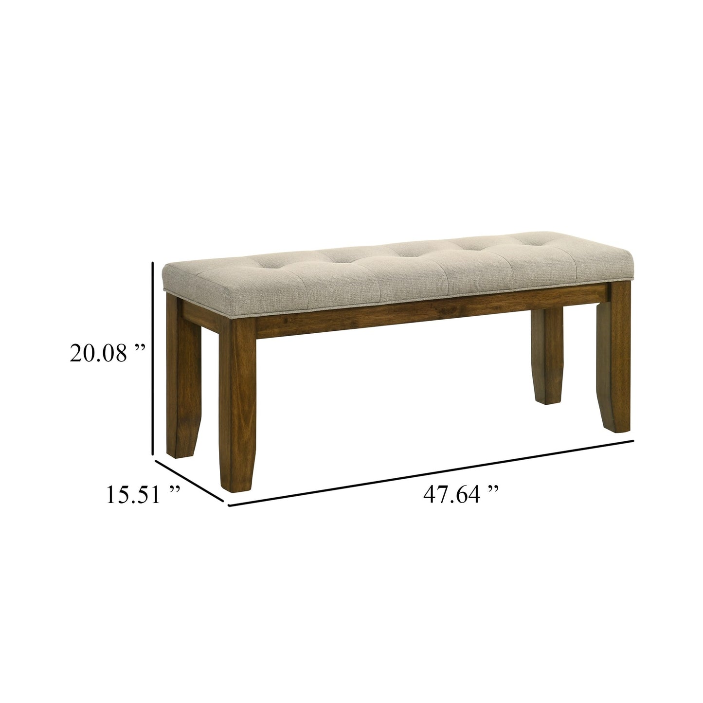 Liyo Dining Bench, Tufted Beige Upholstery Seat, Brown Wood, 48 Inch