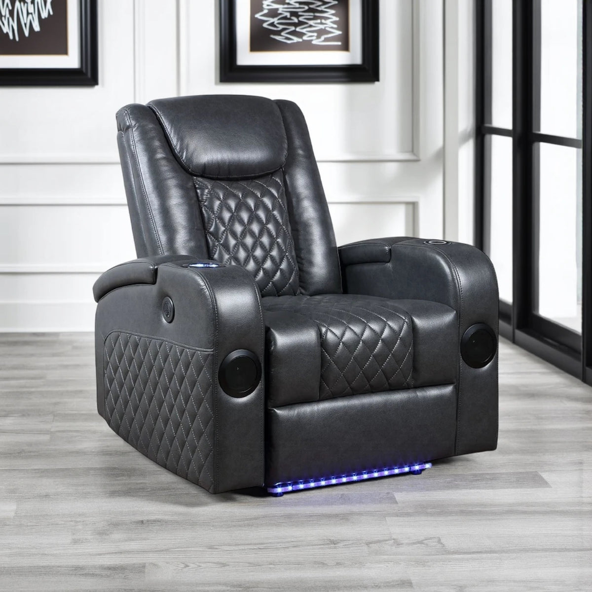 Liza Power Motion Recliner Chair, Bluetooth, Gray Black Faux Leather