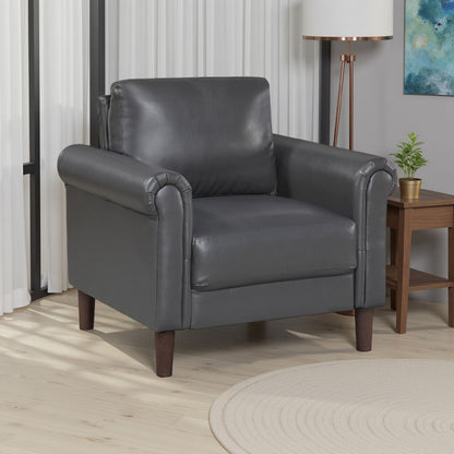 Lo Accent Chair w Rolled Arms, Mid Century Dark Brown Faux Leather