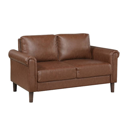 Lo Loveseat w Rolled Arms, Mid Century Brown Faux Leather 57 Inch