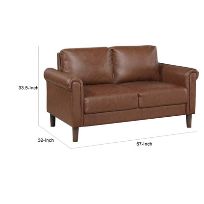 Lo Loveseat w Rolled Arms, Mid Century Brown Faux Leather 57 Inch