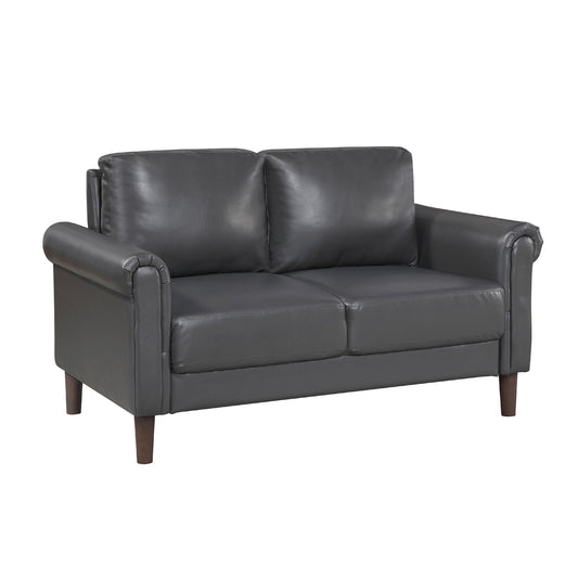 Lo Loveseat w Rolled Arms, Midcentury Dark Gray Faux Leather 57 Inch