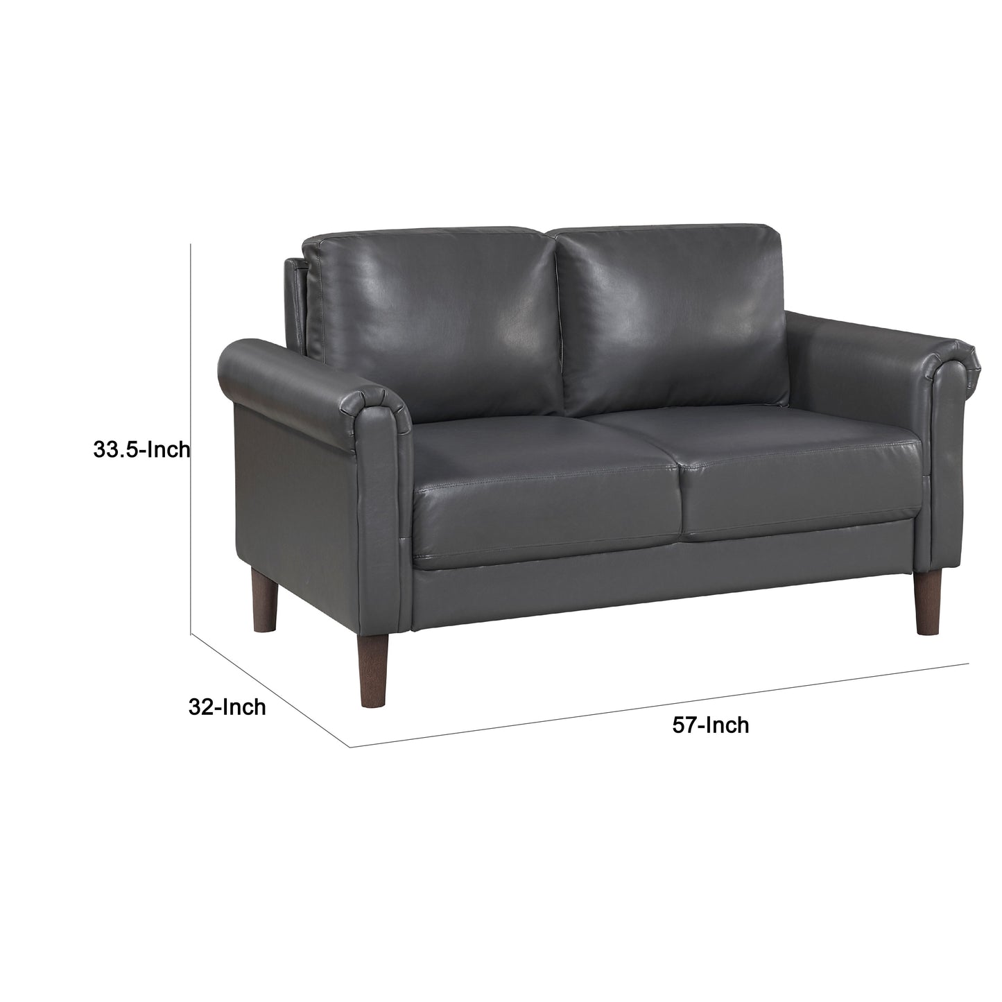 Lo Loveseat w Rolled Arms, Midcentury Dark Gray Faux Leather 57 Inch