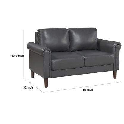 Lo Loveseat w Rolled Arms, Midcentury Dark Gray Faux Leather 57 Inch