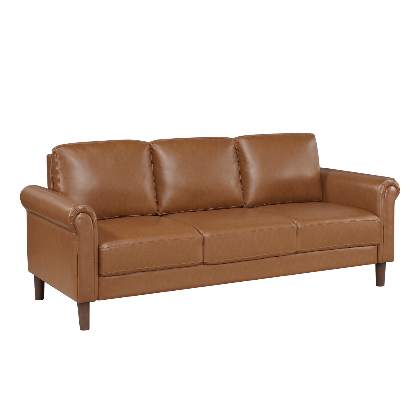 Lo Sofa w Rolled Arms, Mid Century Dark Brown Faux Leather 79 Inch